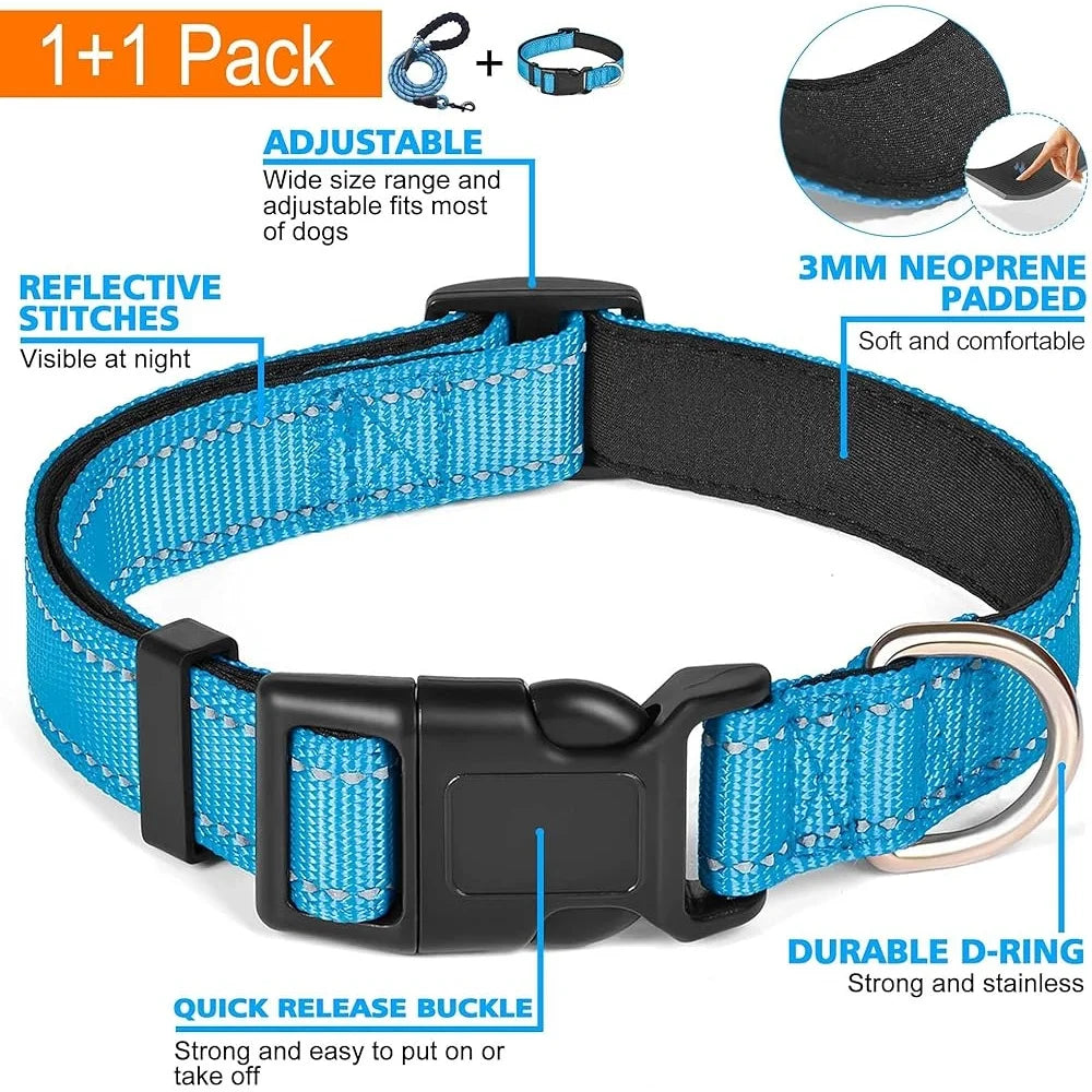 Adjustable Reflective Dog Collar Padded Neoprene Durable Nylon Small Medium Large Dogs with Bonus 5ft Leash