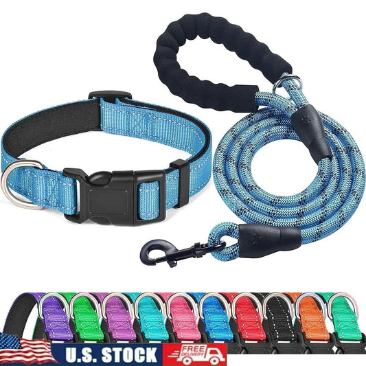Adjustable Reflective Dog Collar Padded Neoprene Durable Nylon Small Medium Large Dogs with Bonus 5ft Leash