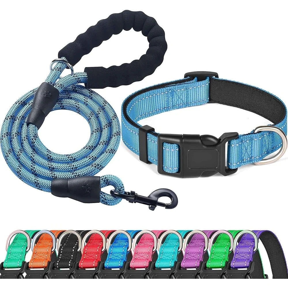Adjustable Reflective Dog Collar Padded Neoprene Durable Nylon Small Medium Large Dogs with Bonus 5ft Leash