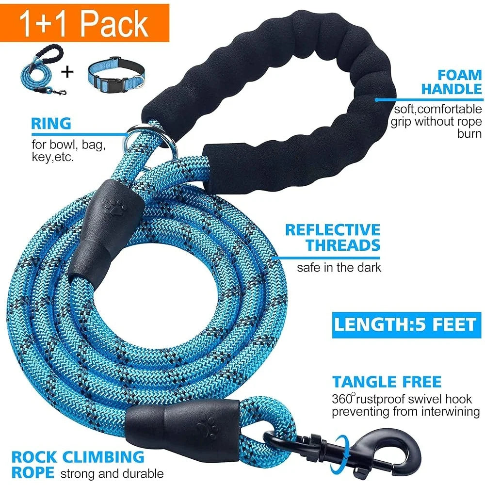 Adjustable Reflective Dog Collar Padded Neoprene Durable Nylon Small Medium Large Dogs with Bonus 5ft Leash